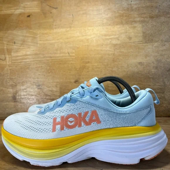 Hoka One One Bondi 8 REFLECTIVE Womens Sz 9.5 Running Shoes Sneakers Blue Yellow - Picture 5 of 13